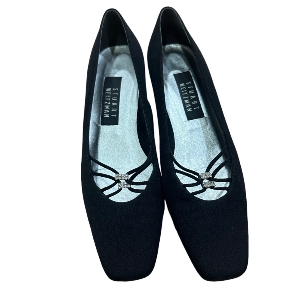 Vintage stuart weitzman black square toe heels with shiny rhinestone detail